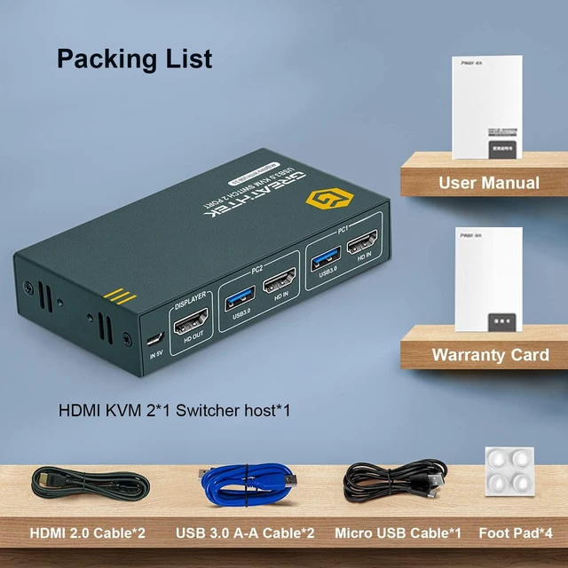 Alt view image 7 of 7 - USB 3.0 KVM Switch HDMI 2 Port Ultra HD 4K@60Hz, KVM Switches with USB 3.0 Port High-Speed Transmission Share USB Devices, 2 PCs Share 1 Monitor with Button Switch, with 2 USB 3.0 and 2 HDMI Cables