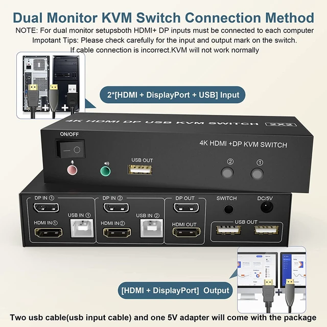 Alt view image 3 of 7 - Vszerda DisplayPort HDMI Dual Monitor KVM Switch 4K@60Hz 2 in 2 Out Displayport and HDMI KVM Switch 2 Computers Share 2 Monitors and one Set of Keyboard, Mouse, 2xUSB Cables and 1xController