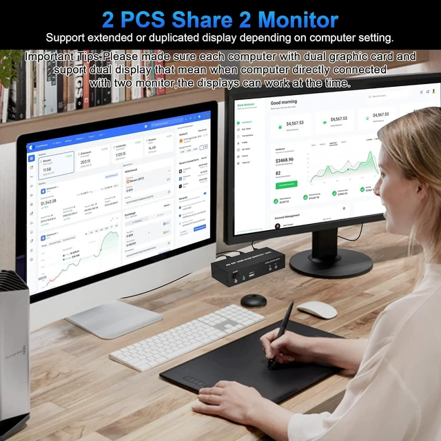 Alt view image 4 of 7 - Vszerda KVM Switch Dual Monitor Display Port and HDMI 4K@60Hz Extended Display KVM Switch 2 Monitors 2 Computers with Audio Microphone Output and 3 USB Ports, PC Monitor Keyboard Mouse Switcher