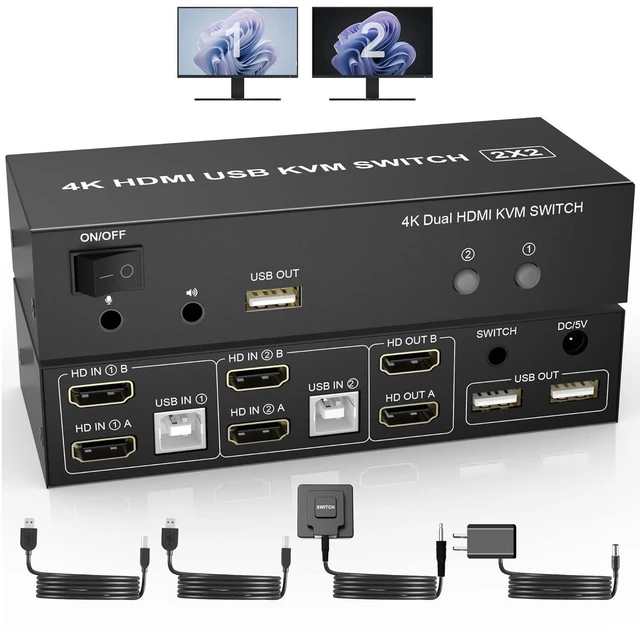 Main image of HDMI KVM Switch Dual Monitors 2 Computers, 4K@60Hz Extended Display 2 Ports HDMI KVM Switch 2 Monitors 2 Computers with 3 USB Ports and Audio Microphone Port, PC Monitor Keyboard Mouse Switcher