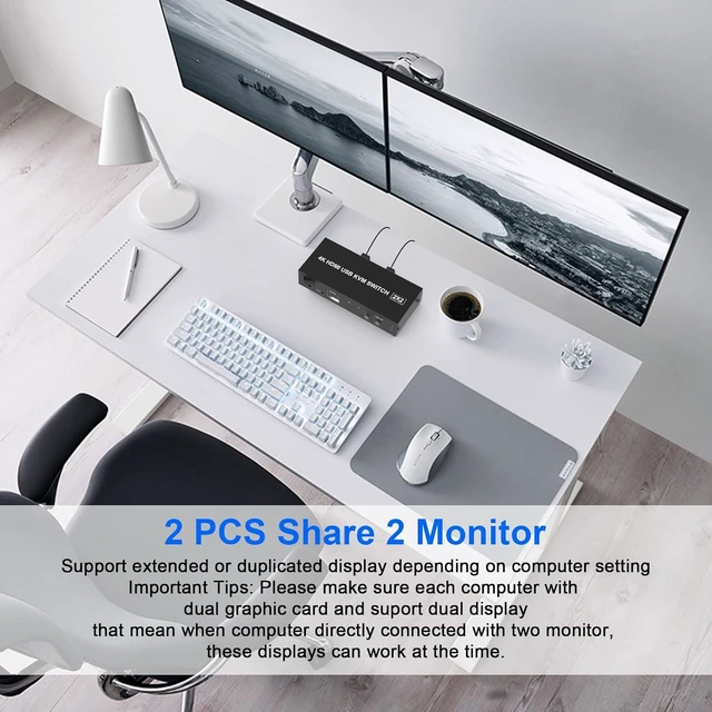 Alt view image 4 of 7 - HDMI KVM Switch Dual Monitors 2 Computers, 4K@60Hz Extended Display 2 Ports HDMI KVM Switch 2 Monitors 2 Computers with 3 USB Ports and Audio Microphone Port, PC Monitor Keyboard Mouse Switcher