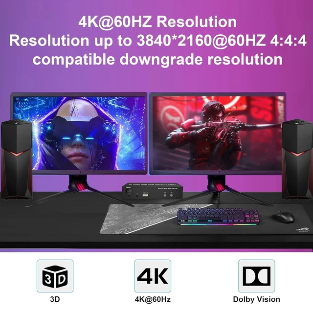 Alt view image 5 of 7 - HDMI KVM Switch Dual Monitors 2 Computers, 4K@60Hz Extended Display 2 Ports HDMI KVM Switch 2 Monitors 2 Computers with 3 USB Ports and Audio Microphone Port, PC Monitor Keyboard Mouse Switcher