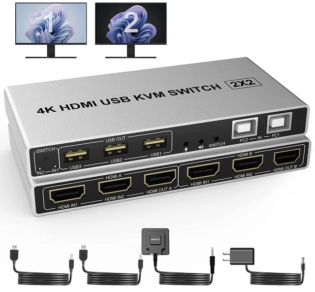 Main image of Vszerda Dual Monitor KVM Switch HDMI 2 Port, 4K@60Hz Extended Display 2 Monitors 2 Computers KVM Switch with 3 USB Ports and Audio Microphone Output, PC Monitor Keyboard Mouse Printer Switcher