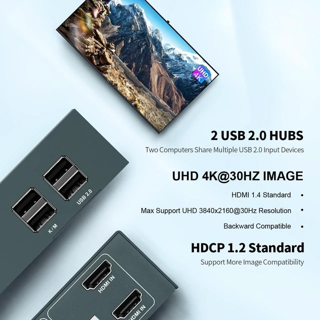 Alt view image 2 of 6 - Vszerda Dual Monitor HDMI KVM Switch 2 Port, 2 USB 2.0 Hub, UHD 4K@30Hz YUV4:4:4 Downward Compatible, USB Powered, Hotkey Switch, with Cables