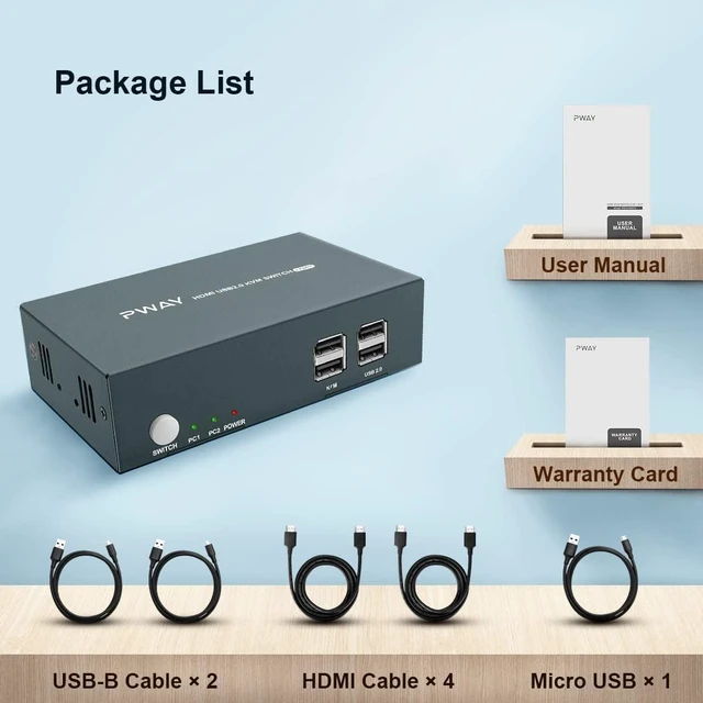 Alt view image 6 of 6 - Vszerda Dual Monitor HDMI KVM Switch 2 Port, 2 USB 2.0 Hub, UHD 4K@30Hz YUV4:4:4 Downward Compatible, USB Powered, Hotkey Switch, with Cables