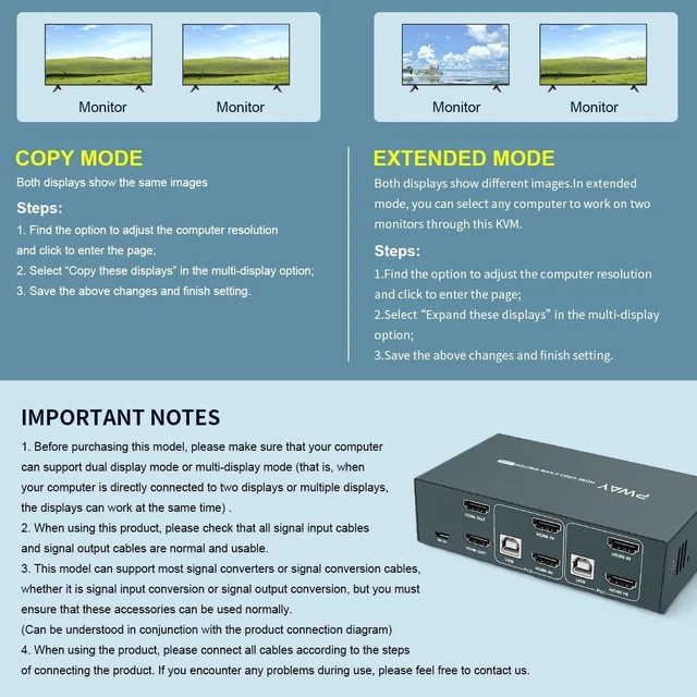 Alt view image 5 of 6 - Vszerda Dual Monitor HDMI KVM Switch 2 Port, 2 USB 2.0 Hub, UHD 4K@30Hz YUV4:4:4 Downward Compatible, USB Powered, Hotkey Switch, with Cables