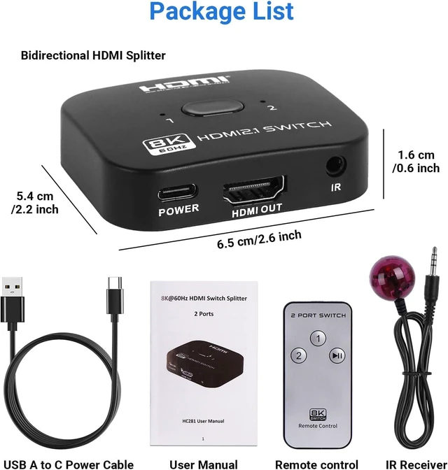 Alt view image 7 of 7 - Vszerda 8K HDMI Splitter 1 in 2 Out, HDMI 2.1 Switch 4K 120Hz, Bi-Directional Switcher 2 in 1 Out Support 48Gbps 8K@60Hz 4K@144Hz for PS5/PS4,HDTV,Xbox,Fire Stick