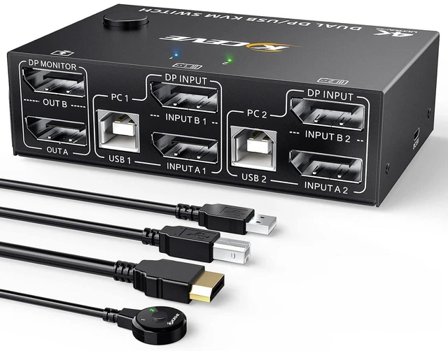 Main image of Vszerda KVM Switch Dual Monitor DisplayPort 1.4 8K@30H 4K@144Hz 2 in 2 Out,DP1.4 KVM Switch and 4 USB HUBs for 2 Computers,Backnward Compatible DP1.2 with DP+UBS Cables and Wired Controller