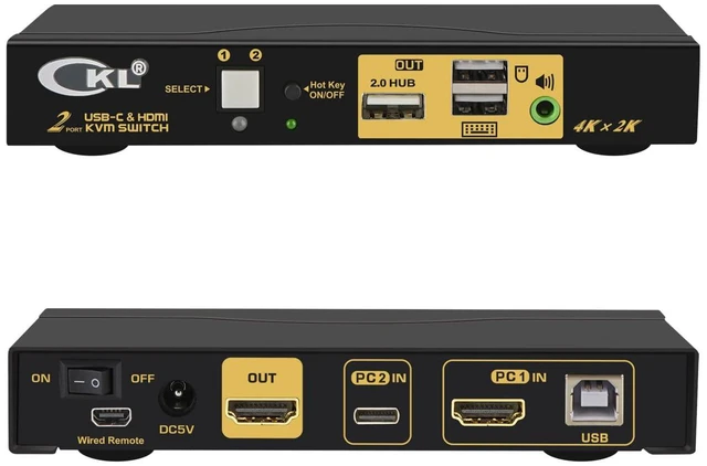 Main image of Vszerda CKL 2 Port USB Type C + HDMI KVM Switch 4K 60Hz for 2 Computers Sharing 1 Monitor, Keyboard and Mouse, with Audio Support and Cables CKL-62TH