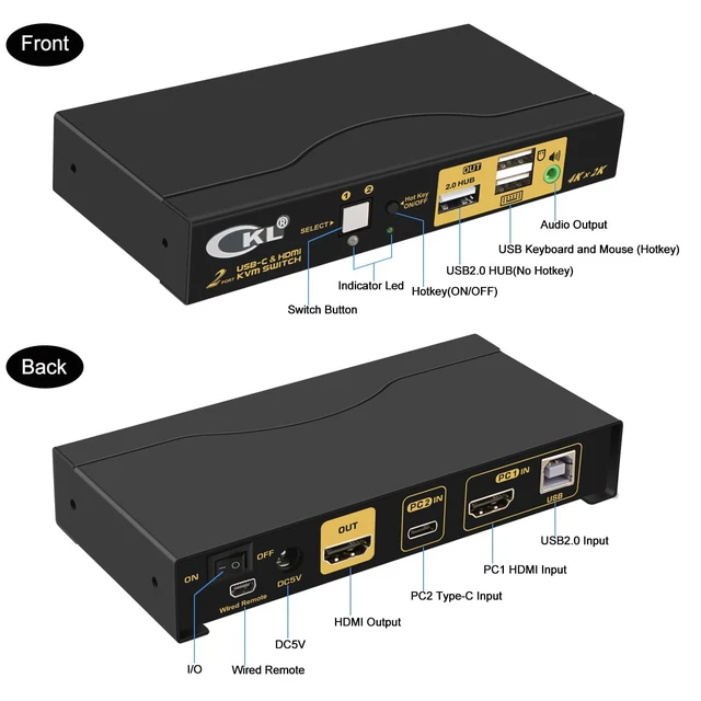 Alt view image 2 of 7 - Vszerda CKL 2 Port USB Type C + HDMI KVM Switch 4K 60Hz for 2 Computers Sharing 1 Monitor, Keyboard and Mouse, with Audio Support and Cables CKL-62TH
