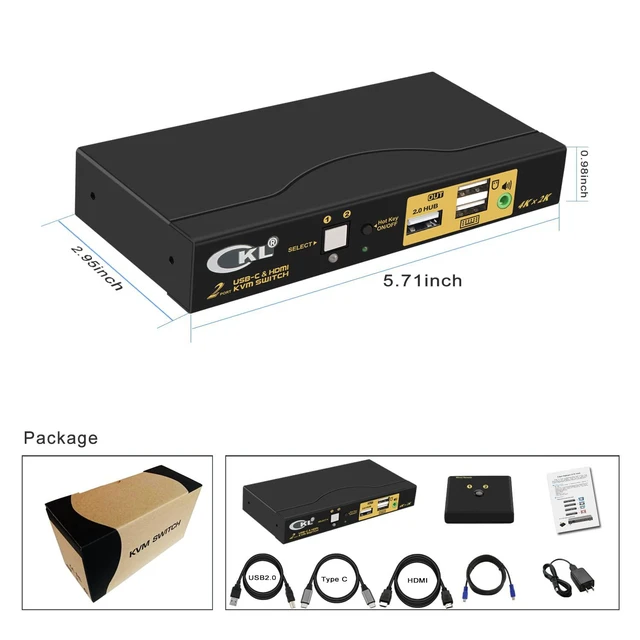 Alt view image 7 of 7 - Vszerda CKL 2 Port USB Type C + HDMI KVM Switch 4K 60Hz for 2 Computers Sharing 1 Monitor, Keyboard and Mouse, with Audio Support and Cables CKL-62TH