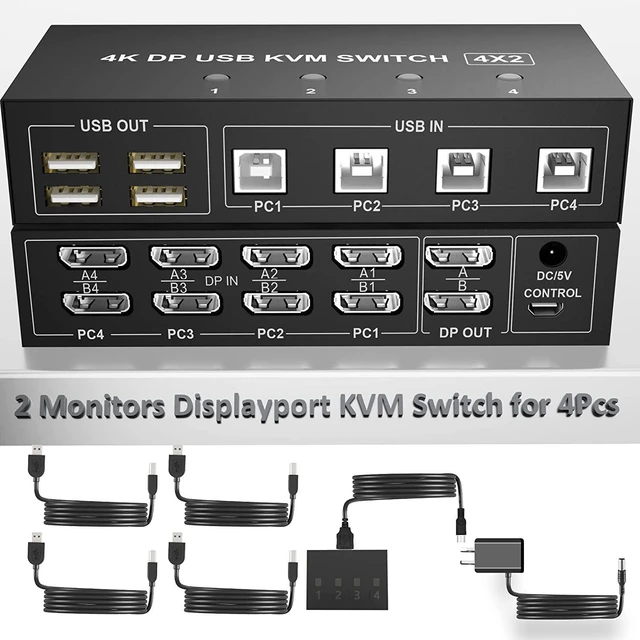 Main image of Displayport KVM Switch 4 Computers 2 Monitors, 4K@60Hz 4 Port KVM Switch Dual Monitor Displayport with 4 USB Hub, Dual Monitor Displayport KVM 4PCs Share 1 Set of Keyboard, Mouse and 2 Monitors