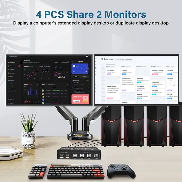 Alt view image 3 of 7 - Displayport KVM Switch 4 Computers 2 Monitors, 4K@60Hz 4 Port KVM Switch Dual Monitor Displayport with 4 USB Hub, Dual Monitor Displayport KVM 4PCs Share 1 Set of Keyboard, Mouse and 2 Monitors