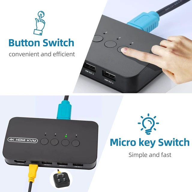 Alt view image 5 of 6 - Vszerda KVM Switch 4 Port, HDMI USB Switcher 4K@30Hz for 4 Computer Share 1 HD Monitor and 3 USB Devices Keyboard Mouse Printer, with 4 KVM Cables & Wired Remote