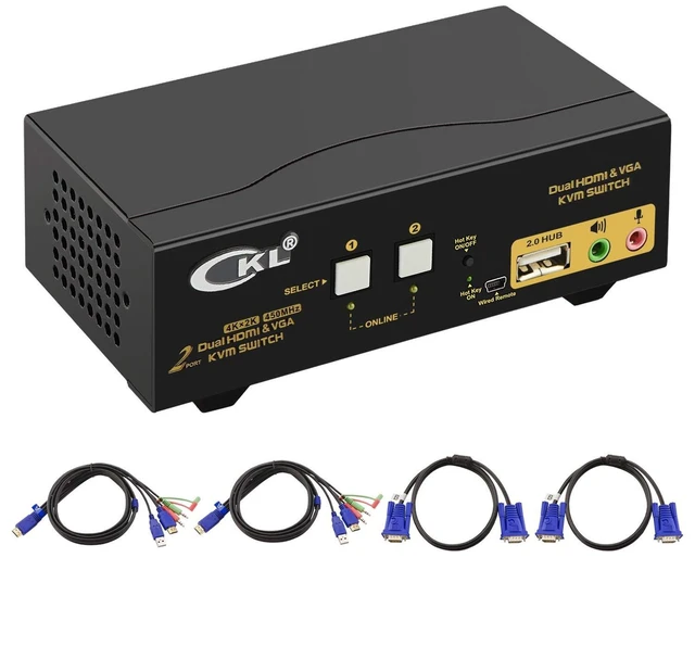 Main image of Vszerda HDMI + VGA KVM Switch Dual Monitor Extended Display 2 Port with Audio and USB 2.0 HUB, CKL Dual View PC Monitor Keyboard Mouse Selector Box for Computers and Laptops