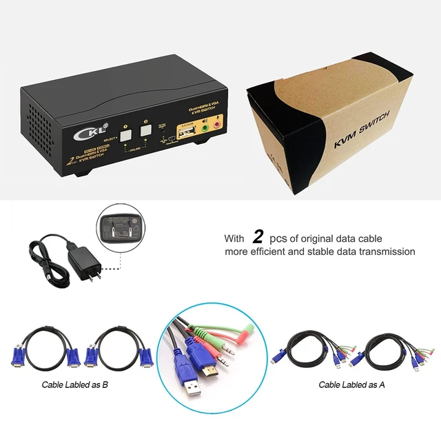 Alt view image 7 of 7 - Vszerda HDMI + VGA KVM Switch Dual Monitor Extended Display 2 Port with Audio and USB 2.0 HUB, CKL Dual View PC Monitor Keyboard Mouse Selector Box for Computers and Laptops