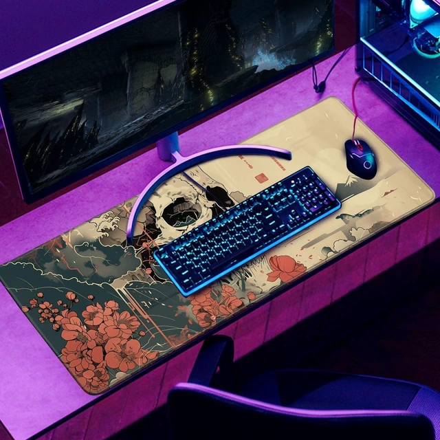 Alt view image 6 of 7 - Vszerda Skull Mouse Pad Japanese Ukiyo-e Mouse Pad XL Anime Big Mouse Pads for Desk Large Gaming for Men Desk Pad with Stitched Edges Non-Slip Large Computer Mat, 31.5x11.8 in