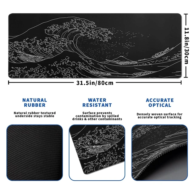 Alt view image 2 of 7 - Japanese Gaming Mouse Pad Abstract Black Mouse Pad 31.5x11.8 Inch Black Sea Wave Texture Non-Slip Rubber Base Large Ocean Mousepad Stitched Edges Keyboard Mouse Mat Desk Pad for Office and Home