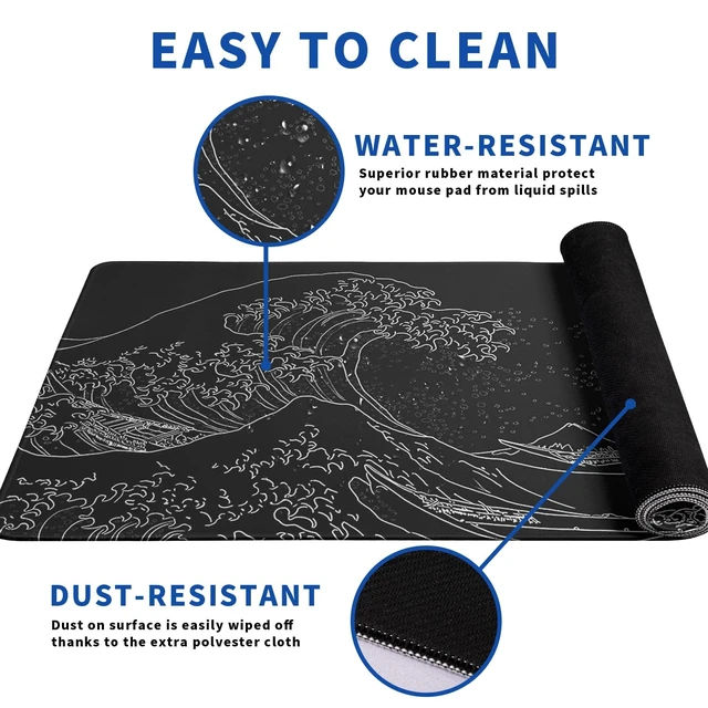 Alt view image 4 of 7 - Japanese Gaming Mouse Pad Abstract Black Mouse Pad 31.5x11.8 Inch Black Sea Wave Texture Non-Slip Rubber Base Large Ocean Mousepad Stitched Edges Keyboard Mouse Mat Desk Pad for Office and Home