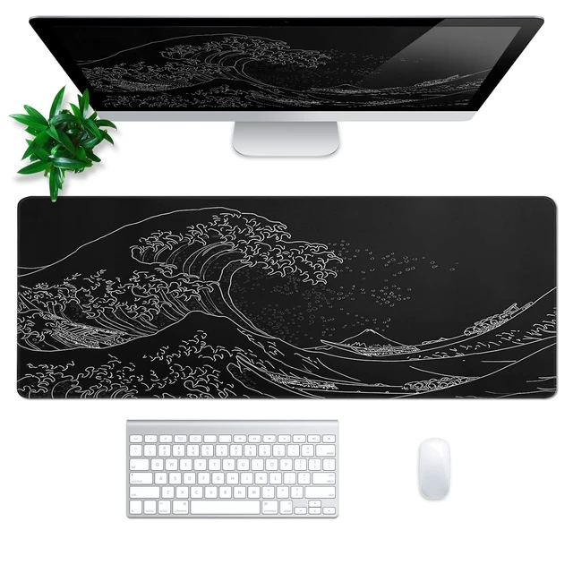 Alt view image 3 of 7 - Japanese Gaming Mouse Pad Abstract Black Mouse Pad 31.5x11.8 Inch Black Sea Wave Texture Non-Slip Rubber Base Large Ocean Mousepad Stitched Edges Keyboard Mouse Mat Desk Pad for Office and Home