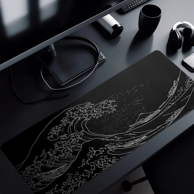 Alt view image 6 of 7 - Japanese Gaming Mouse Pad Abstract Black Mouse Pad 31.5x11.8 Inch Black Sea Wave Texture Non-Slip Rubber Base Large Ocean Mousepad Stitched Edges Keyboard Mouse Mat Desk Pad for Office and Home