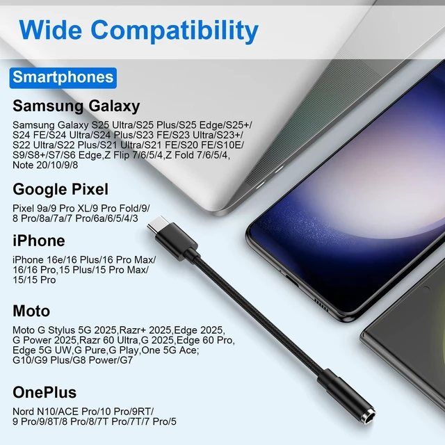 Alt view image 7 of 7 - USB C to 3.5mm Audio Headphone Jack Adapter for Samsung Galaxy A17 A16 A56 S25 Ultra/Edge S24 A36 A54 S23,Type C to Aux Audio Dongle Cable Cord for iPhone 17 Pro Max Air 16 Plus 16e,Pixel 10 Pro XL 9a