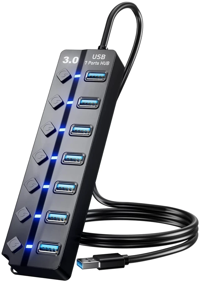 Main image of Vszerda USB 3.0 Hub, 7-Port USB Data Hub Splitter with 3ft Long Cable USB Extension for Laptop,PC Computer,Surface Pro, PS4/5, Flash Drive, Mobile HDD - with LED Individual On/Off