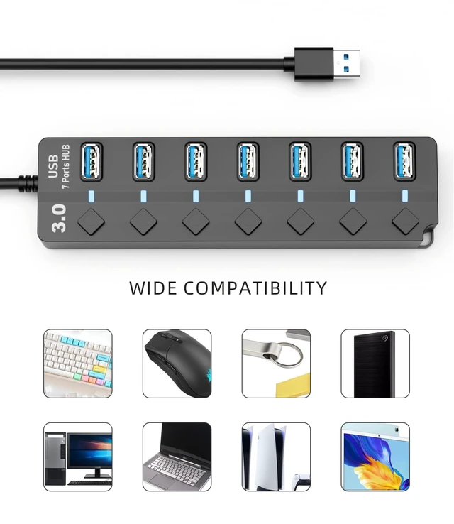 Alt view image 7 of 7 - Vszerda USB 3.0 Hub, 7-Port USB Data Hub Splitter with 3ft Long Cable USB Extension for Laptop,PC Computer,Surface Pro, PS4/5, Flash Drive, Mobile HDD - with LED Individual On/Off