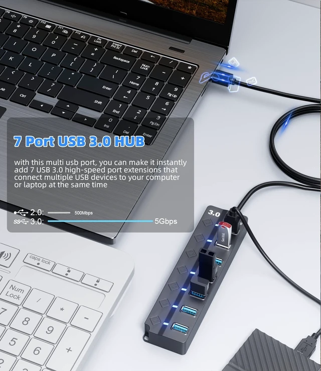 Alt view image 3 of 7 - Vszerda USB 3.0 Hub, 7-Port USB Data Hub Splitter with 3ft Long Cable USB Extension for Laptop,PC Computer,Surface Pro, PS4/5, Flash Drive, Mobile HDD - with LED Individual On/Off