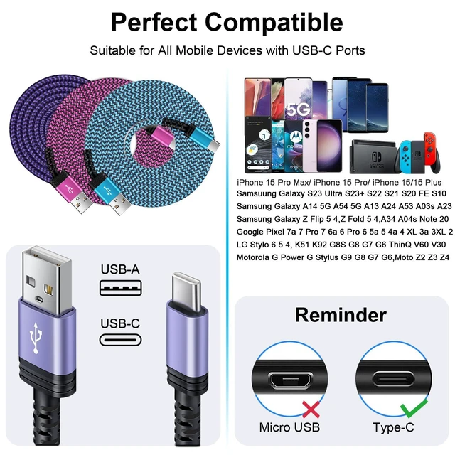 Alt view image 5 of 7 - USB to USB C Cable 6FT/3Pack for iPhone 17 16 15/15 Pro/15 Pro Max/15 Plus,USB A to USB Type C Charging Fast Charger Cord for Samsung Galaxy S25 Ultra S25 FE A17 A55 A36 S24 S23,Google Pixel 10 Pro XL