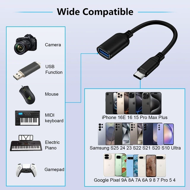 Alt view image 7 of 7 - Vszerda USB C to USB 3.0 Adapter, USB C Android Adapter Male to USB A Female OTG On The Go Cable for Samsung Galaxy S26 S25 Edge Ultra S24 S23 S22 S21 S20 A36,Google Pixel 10 9 8 7 Pro,Moto G 5G 2025