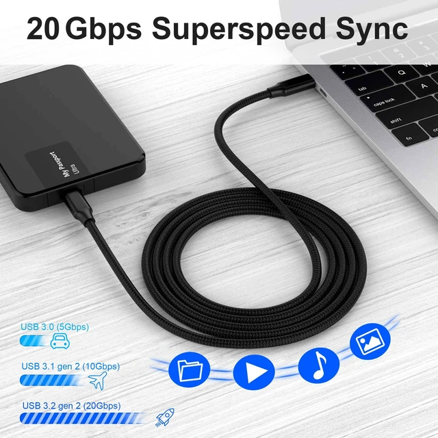 Alt view image 3 of 7 - Vszerda USB C to C Cable, 3.2 Gen 2 USB-C Cable 10ft - 4K UHD 20Gbps 100W PD Fast Charging Cable for MacBook Pro, for iPad Pro, Nylon Braided, Black.