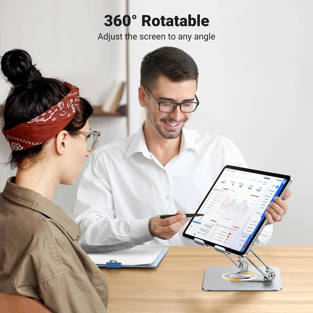 Alt view image 5 of 5 - Vszerda Tablet Stand Holder for Desk with 360° Rotating Base Aluminum Dual Rod Support Adjustable Home Office Accessories Compatible for iPad Pro 13 12 11 Air Mini 5 4 3 Phone E-Reader Silver