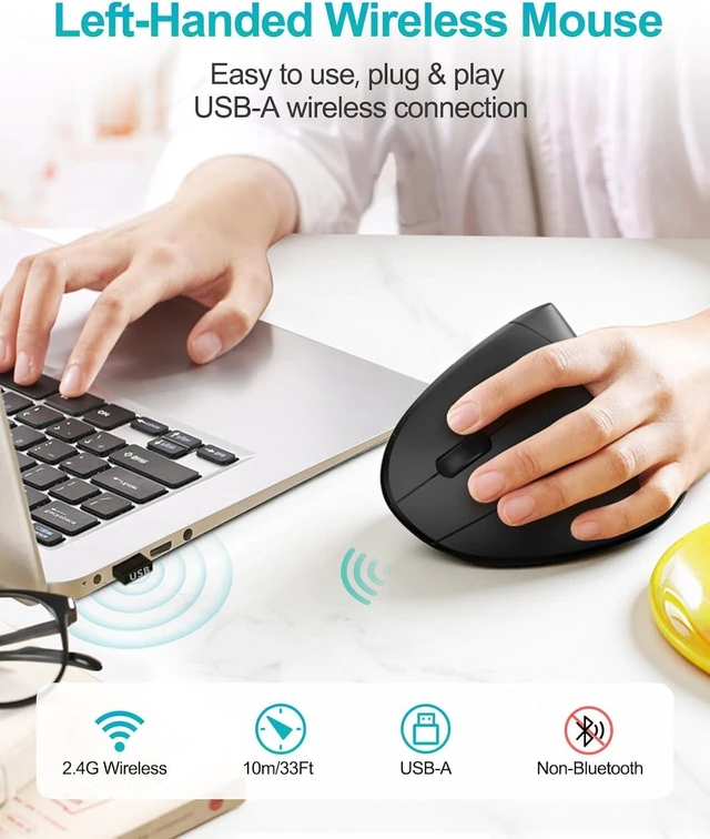 Alt view image 2 of 7 - Vszerda Left Handed Ergonomic Mouse Vertical Wireless Mouse for Left Hand 2.4G USB Carpal Tunnel Lefty Mouse 3 Adjustable DPI 6 Buttons for Laptop PC Computer Mac Windows Desktop - Black
