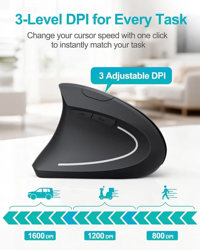 Alt view image 5 of 7 - Vszerda Left Handed Ergonomic Mouse Vertical Wireless Mouse for Left Hand 2.4G USB Carpal Tunnel Lefty Mouse 3 Adjustable DPI 6 Buttons for Laptop PC Computer Mac Windows Desktop - Black