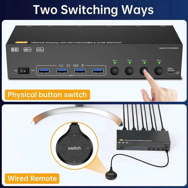 Alt view image 3 of 7 - HDMI + 2 Displayport Triple Monitor KVM Switch 3 Monitors 4 PCs 8K@60Hz/4K@144Hz KVM Switches with 4 PCs Share 3 Display & 4 USB 3.0 Devices, Wired Remote, Power Adapter, USB3.0 Cables Included