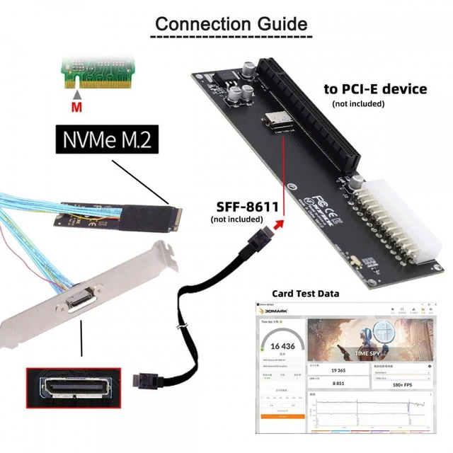 Alt view image 5 of 7 - Vszerda 2280 NGFF PCI-E4.0 M.2 M-key to Oculink SFF-8612 SFF-8611 Host Cable 30cm with Bracket for NVME U.2 SSD eGPU