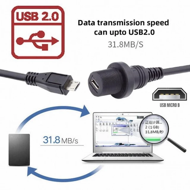 Alt view image 4 of 7 - Vszerda 1m Waterproof Dustproof 480Mbps Micro USB2.0 5Pin Male to Female Extension Data Power Cable Car Panel Mount Design