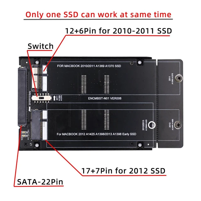 Alt view image 3 of 7 - Vszerda 2.5inch SATA 22Pin to 2010 2011 2012 Air Pro Retina SSD 12+6Pin 17+7Pin A1425 A1398 MC975 MC976 Case Enclosure