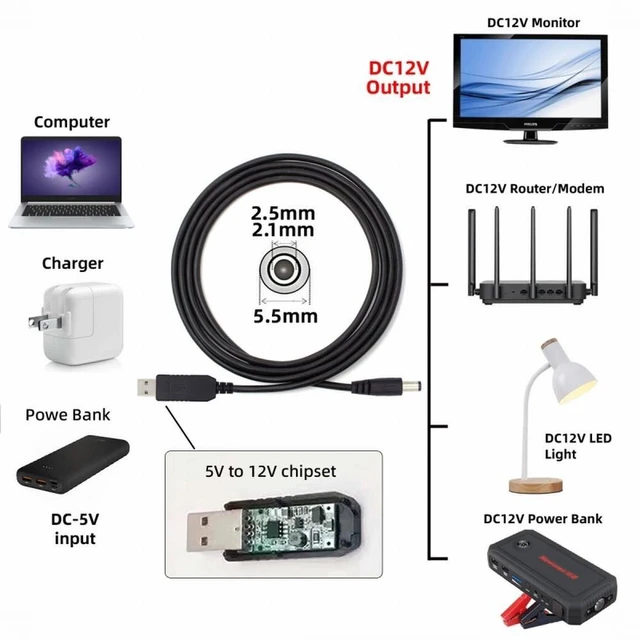 Alt view image 3 of 7 - Vszerda USB 2.0 Type-A DC5V to DC12V 5.5x2.1mm 5.5x2.5mm Voltage Riser Boost Power Plug Barrel Connector Cable 100cm