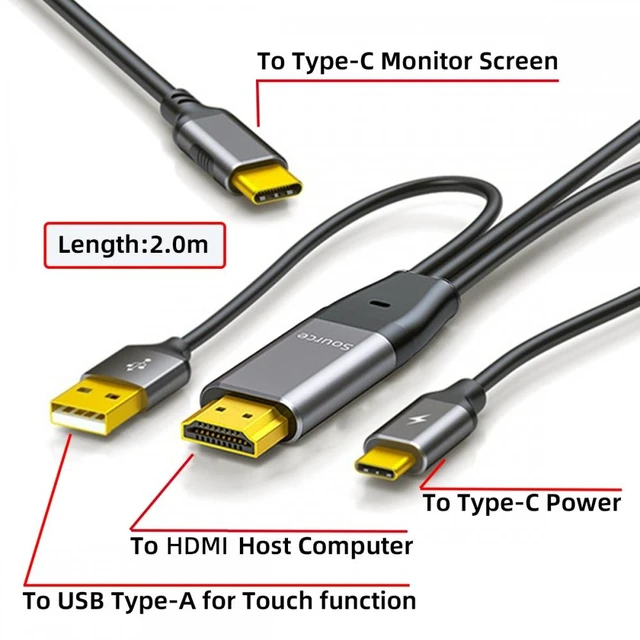 Alt view image 3 of 7 - Vszerda Reversed HDMI 4K Source to Type C USB-C Touch Screen Displays Male HDTV Cable for Laptop Monitor 2.0m