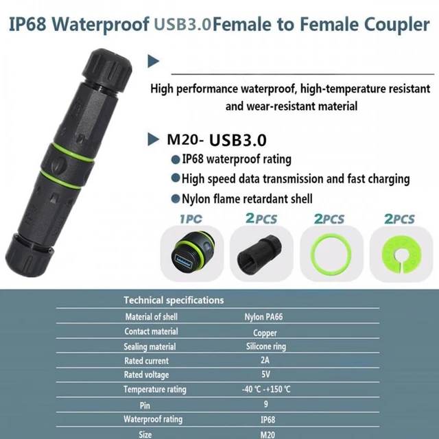 Alt view image 3 of 6 - Vszerda M20 Locking IP68 Waterproof Type-A USB3.0 5Gbps USB-A Female to USB-A Female Extension Adapter Coupler