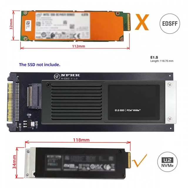 Alt view image 7 of 7 - Vszerda U.2 SFF-8639 Host to PCI-E Ruler 1U GEN-Z EDSFF 9.5mm 15mm 25mm Short SSD E1.S with Heat Sink PM9A3 PM9D3 P5801X Carrier Adapter