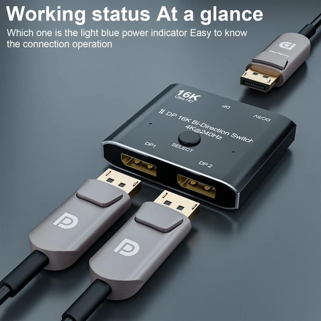 Alt view image 3 of 7 - Vszerda Cable DP DisplayPort 2.0 Bi-Direction 2x1 Switch Splitter Selector Hub Support HDCP SST Extended 16K@60hz 4K@240hz Convertor