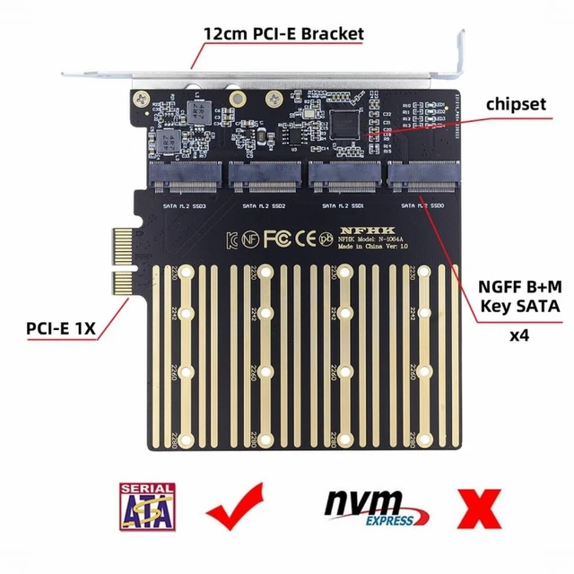 Alt view image 7 of 7 - Vszerda Four SATA NGFF Key B+M SSD to PCI-E 1x Mainboard Desktop Adapter Converter SSD Card ASM1064 2280