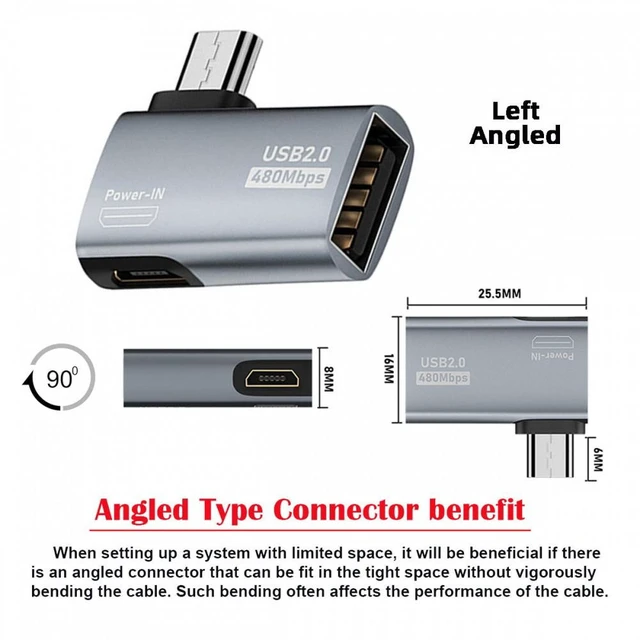 Alt view image 6 of 7 - Vszerda Micro USB 2.0 to Type-A Female OTG Host Adapter 90 Degree Left Angled with USB Power for Phone Tablet