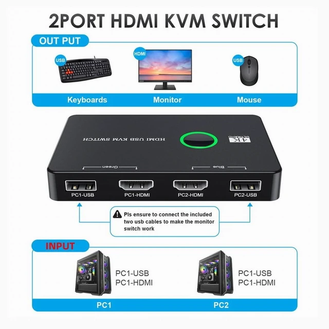 Alt view image 4 of 7 - Vszerda KVM USB 2.0 & HDMI 4K Switch Selector Dual PCs Sharing Monitor HDTV USB Port Keyboard Mouse Scanner Printer