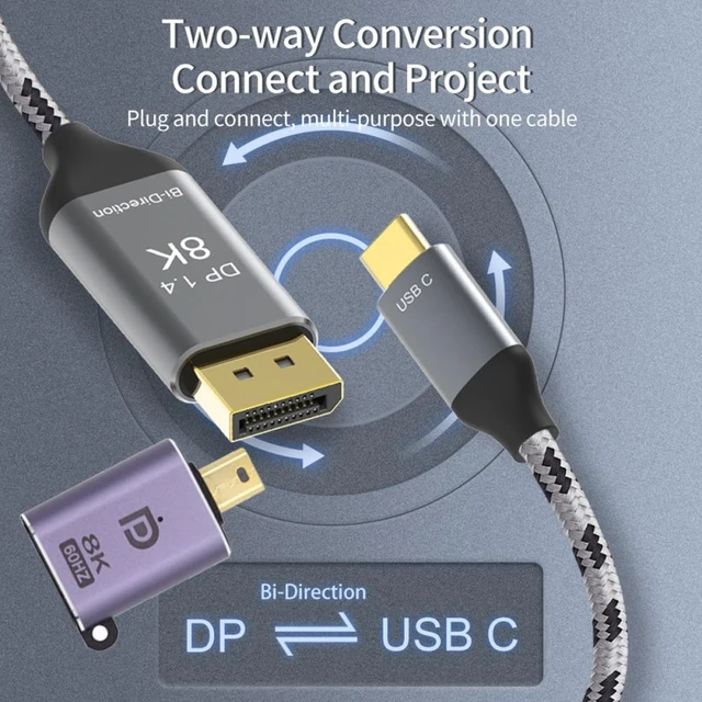 Alt view image 5 of 7 - Vszerda Reversible Mini DisplayPort DP Source to USB 3.1 Type C USB-C Displays Male 8K HDTV Cable for Laptop Monitor 1.8m