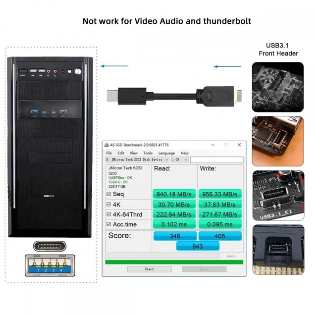 Alt view image 7 of 7 - Vszerda Cable 10Gbps USB 3.1 Type-A & Type-C HUB 4 Ports Front Panel to Motherboard Type-E Connector Cable 10Gbps for 5.25" CD-ROM Bay Tray