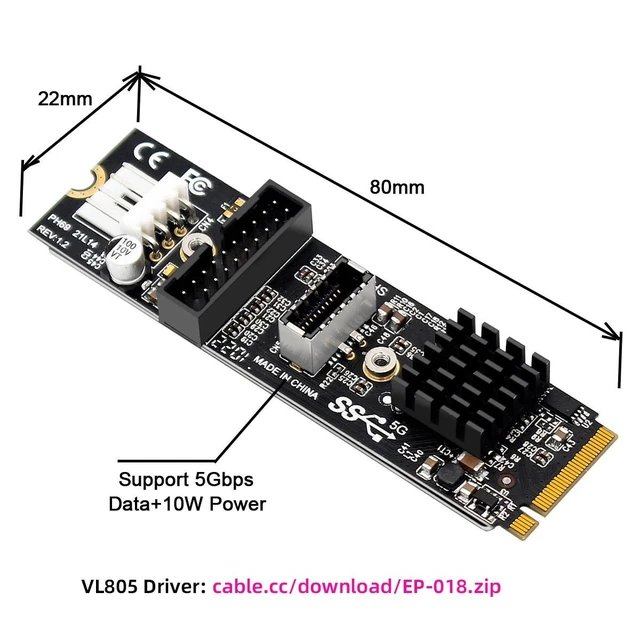 Alt view image 4 of 7 - Vszerda 5Gbps Type-E USB 3.1 Front Panel Socket IDC & USB3.0 20Pin to NVME NGFF M-Key Express Card Adapter for Motherboard